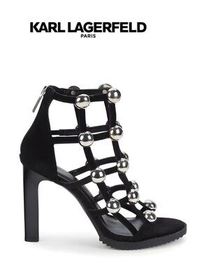 Karl Lagerfeld Paris Beatriz Studded Strappy Cage Heel Black Sandals Size 9.5